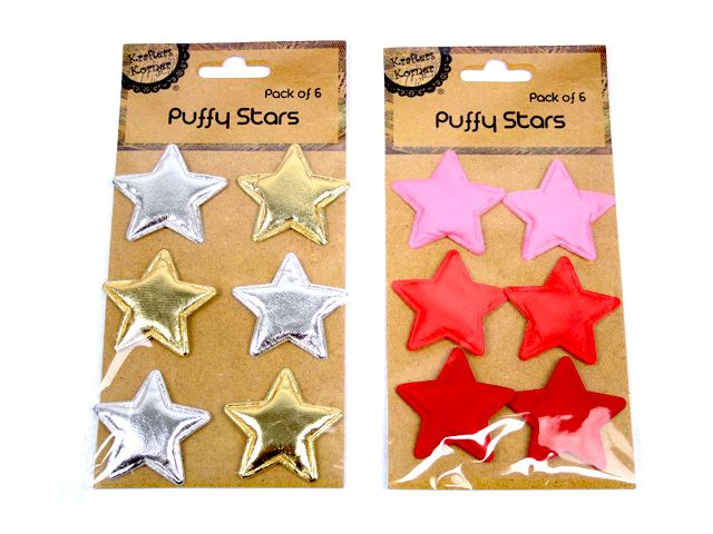 Puffy Fabric Stars Pk 6 x 2 Packs (Red, Pink & Gold, Silver) KK